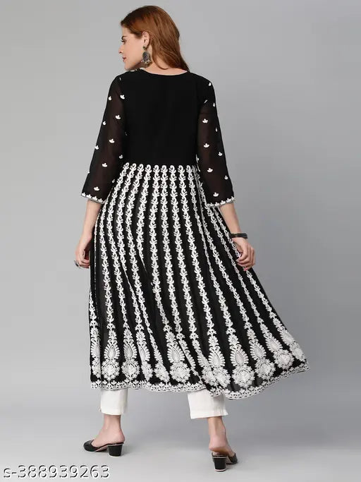 Black embroidered Chikankari Georgette Anarkali Kurta on model, three-quarter sleeve length, India origin