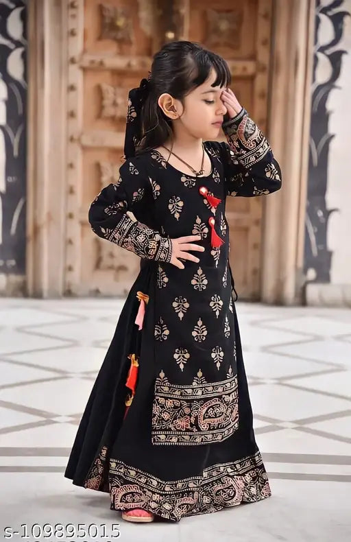 Printed rayon kurtis & kurtas for kids, long sleeve, multi-color pattern, Indian traditional wear for ages 3-13 years