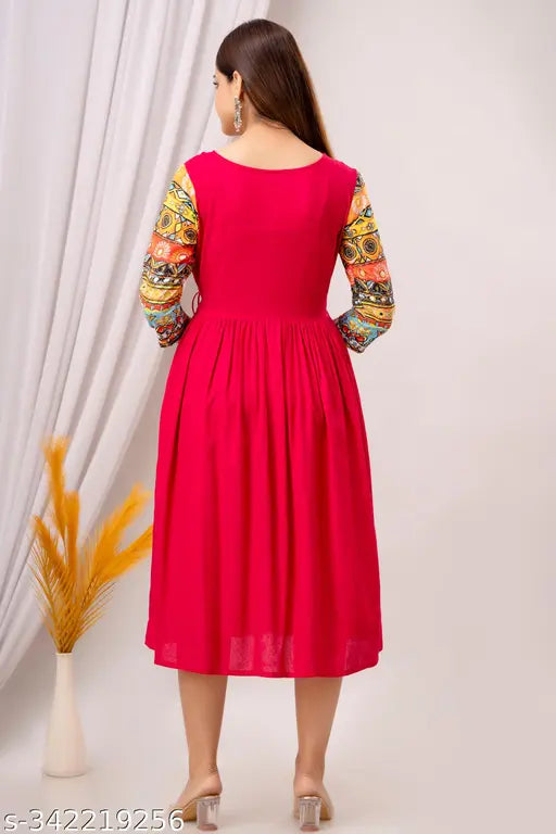 Red rayon A line printed kameez anarkali kurti womens fashion