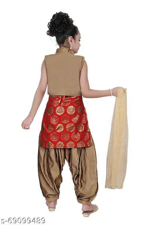 A-line art silk girls' kurta set with dupatta, sleeveless and knee-length, stylish Patiala design for 8-9 year old children. Made in India." (124 characters)