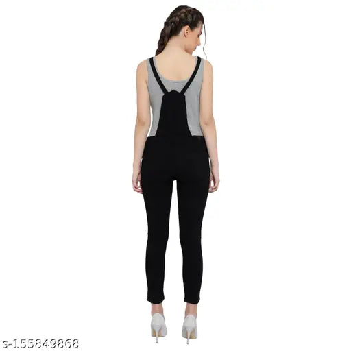 High-waist blue denim dungaree jumpsuit, sleeveless, adjustable shoulder straps, four pockets, India origin