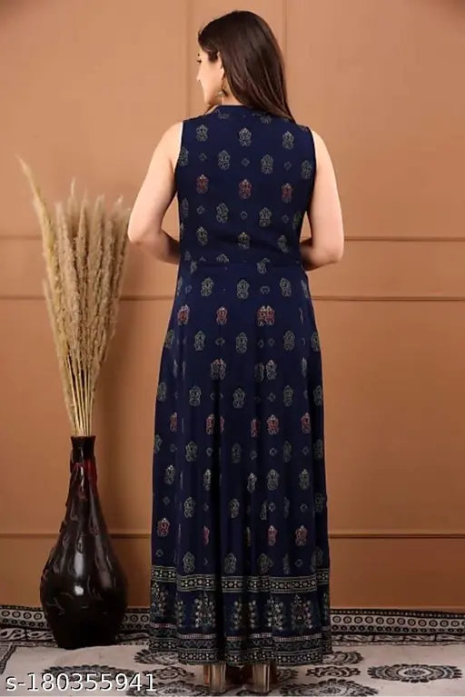 Navy blue rayon gold print frontslit kurti, sleeveless, vibrant Indian fashion