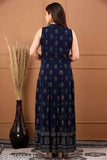 Navy blue rayon gold print frontslit kurti, sleeveless, vibrant Indian fashion