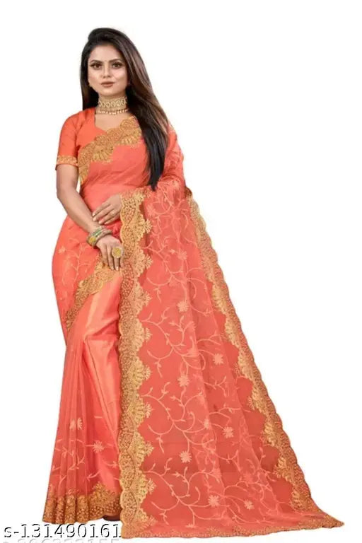 Fancy net saree with embroidered blouse, Indian Banarasi silk and net fabric