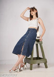 Dark wash denim skirt, two button closure, stretch fabric