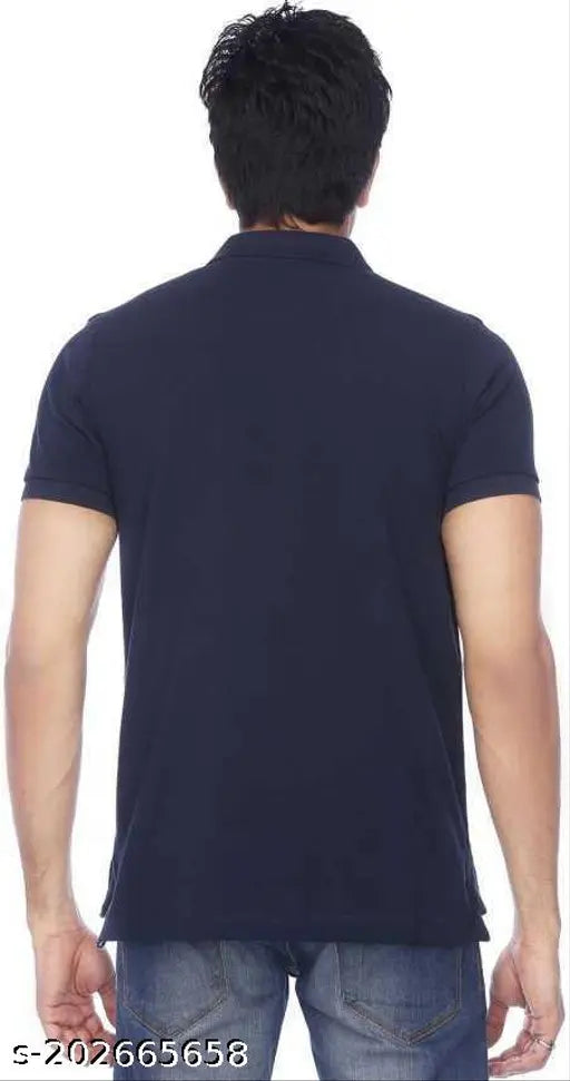 Men's navy blue cotton blend polo collar neck T-shirt, perfect for parties and work. Soft premium quality fabric. Ideal day-to-night wear. Made in India