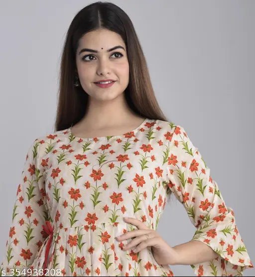 Rayon A Line Floral Printed Anarkali Kurti, trendy solid kurti for women with three-quarter sleeves