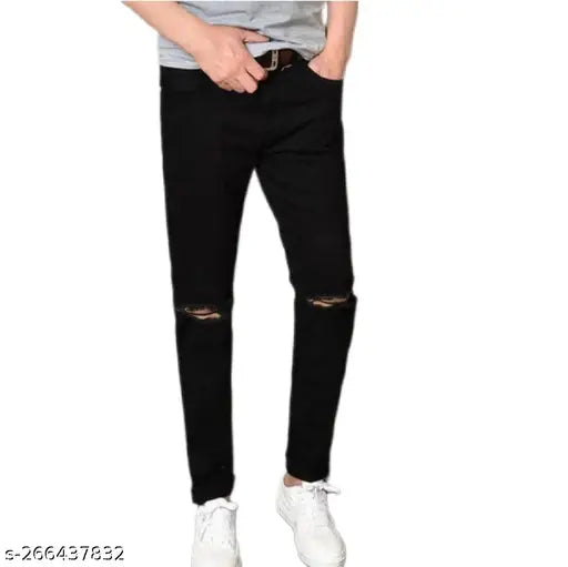 Men's black knee-cut distressed slim fit jeans with stretchable fabric. Durable anti-corrosive buttons and breathable polycotton material. Perfect for daily wear, offering comfort and a well-tailored design. Best quality zipper for smooth experience. Size 28 (waist: 28in, length: 40in), also available in sizes 30 and 32. Made in India