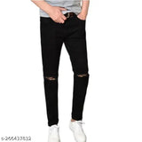 Men's black knee-cut distressed slim fit jeans with stretchable fabric. Durable anti-corrosive buttons and breathable polycotton material. Perfect for daily wear, offering comfort and a well-tailored design. Best quality zipper for smooth experience. Size 28 (waist: 28in, length: 40in), also available in sizes 30 and 32. Made in India