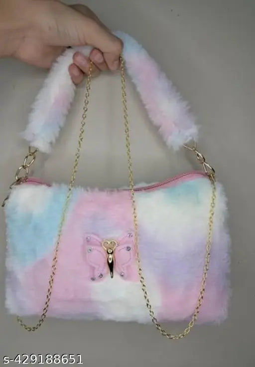 Pink fur sling bag, zip closure, handle on top