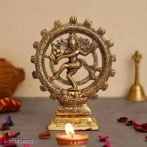 Gold-plated Metal Nataraj Statue, 19 cm high, ethnic decorative showpiece of Shiva Natraja, suitable for table or floor