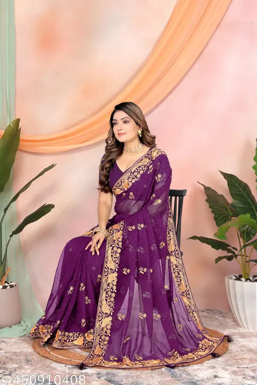 Purple embroidered silk saree with lightweight blouse