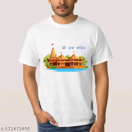 Polyester printed Ram Mandir design men's round neck half sleeves t-shirt, available in S, M, L, XL, and XXL sizes