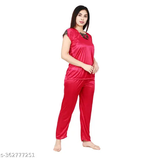 Comfortable satin nightsuit set for women and men, cozy sleepwear nightdress and top with short sleeves, free size