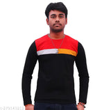 Black and red block full-sleeve polyester T-shirt for men, comfortable fit, modern design, ideal for autumn/winter fashion