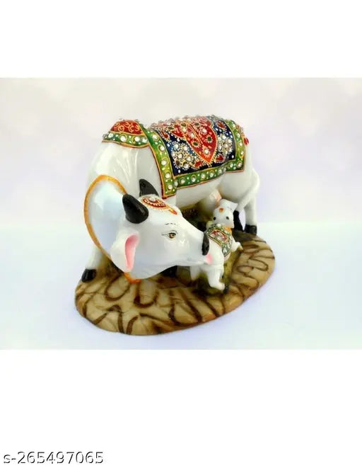Decorative marble dust/polyresin Cow & Calf showpiece idols (5x3x3 inch), Indian handicraft with Kamadhenu - divine cow of plenty