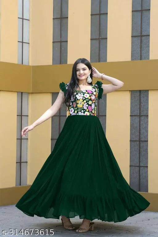Traditional long Anarkali dress in green georgette with floral embroidery work