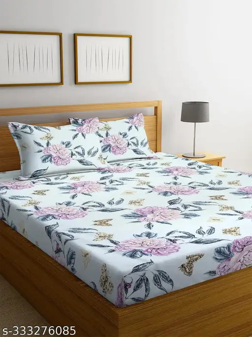 Cream floral-print glace cotton premium flat bedsheets, 2 pillow covers for double bed (90x90 cm, 7.5 FT each), ideal for summer adult use, made in India