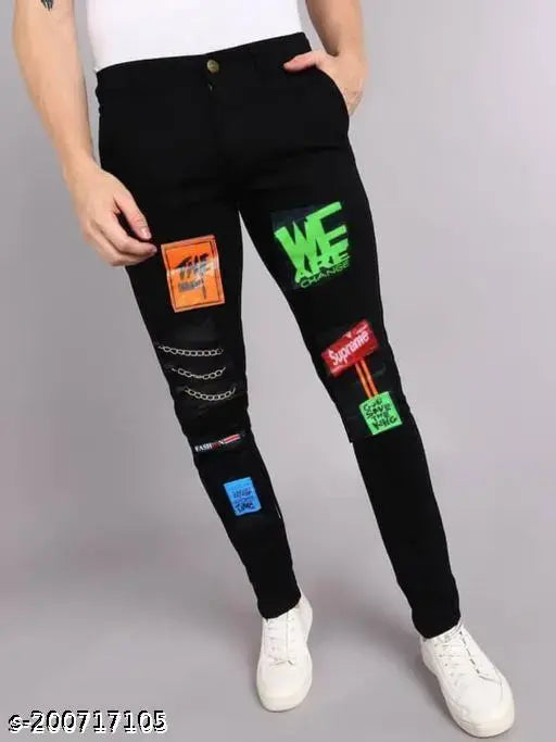 Denim men's funky jeans, modern design with placement print, stretchable and breathable, available in sizes 26, 28, 30. India-made fashion jeans for elegant comfort