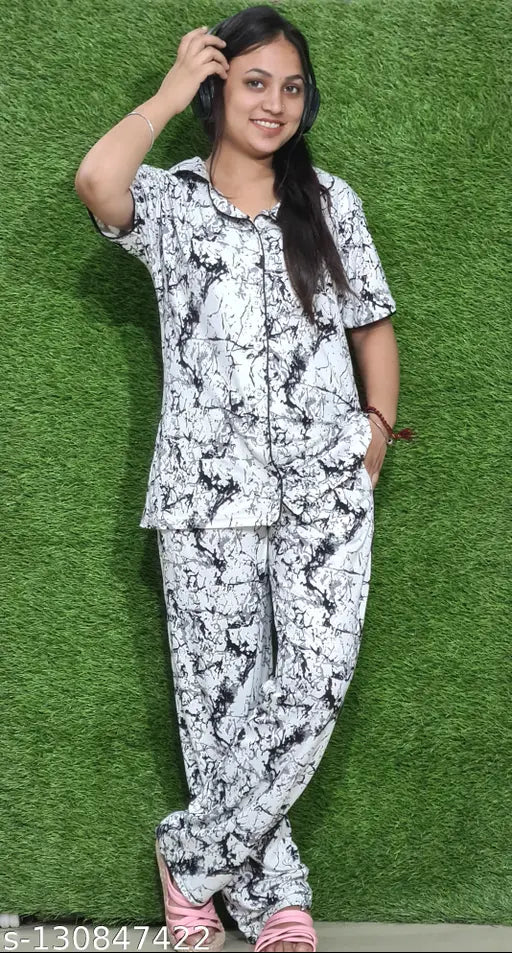 Cotton blend printed night suit set for ladies, fine quality front button style with short sleeves, made in India