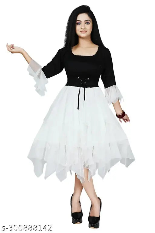 Black and white rayon below-knee length festive wedding dress with 3/4 sleeves, perfect for parties or special occasions