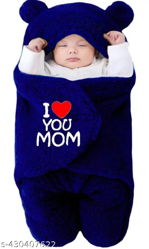 Velvet hooded baby blanket for infants, ideal for AC rooms, love you mom dad solid design, measure 26cm x 10cm x 10.5cm, made in India