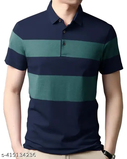Mens cotton blend half sleeve striper polo neck tshirt with colorblocked pattern, ideal for casual outings or workwear