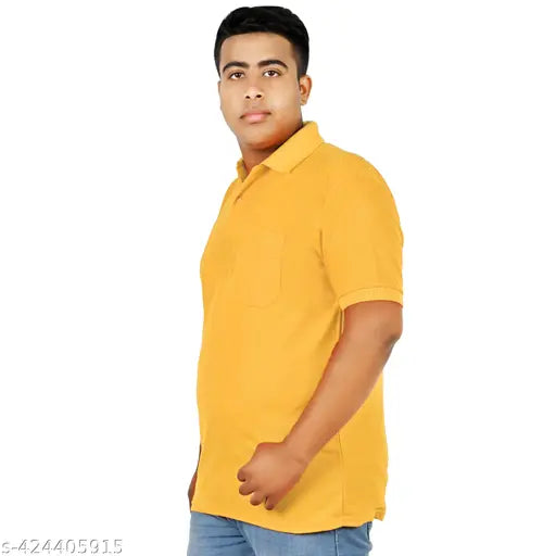 Matty fabric, plus size polo t-shirts for men in Aqua and Mustard, half sleeve, regular fit with pocket. Comfortable, airy, and suitable for all occasions. Made in India