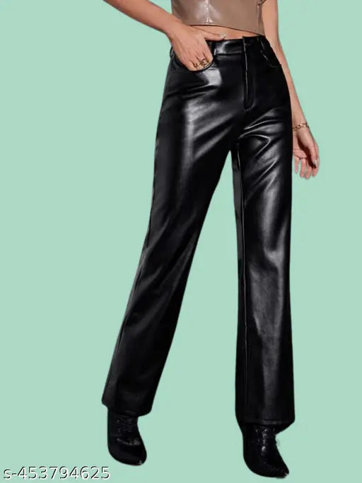 Black leather-like women's trousers, regular fit, no visible closure or slots count