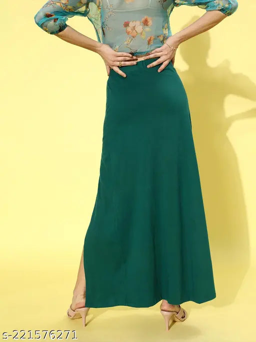 Teal midi skirt with front slit and front zip closure
