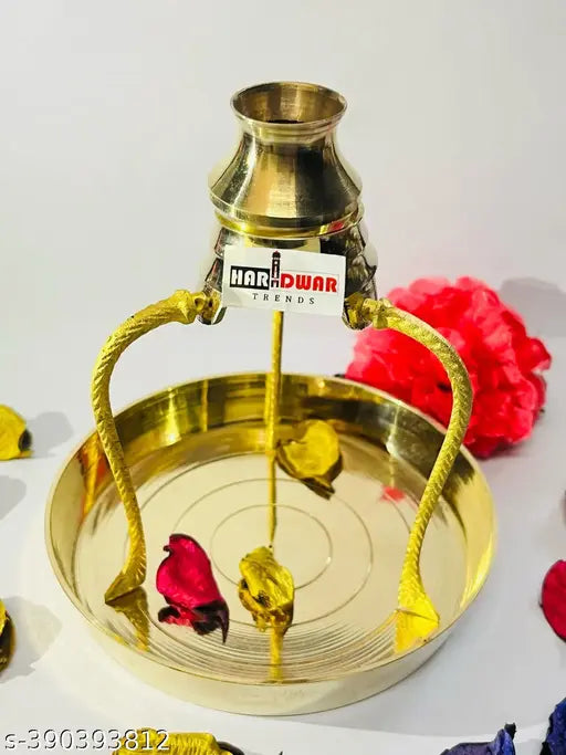 Brass pooja plate thali with stand tripai, abhishek kalash lota for Shiv Pooja. Brass shivalingam stand for jalabhishek without shivling. Indian-made pooja accessories
