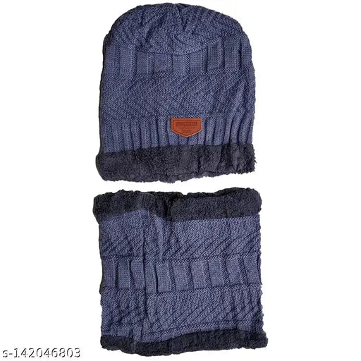 Unisex winter beanie and gloves set, grey wool, snow proofing, fur lining, inside pockets for warmth