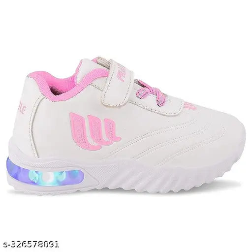 White kids sneaker with blue lights, pink strap, white sole