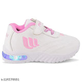 White kids sneaker with blue lights, pink strap, white sole