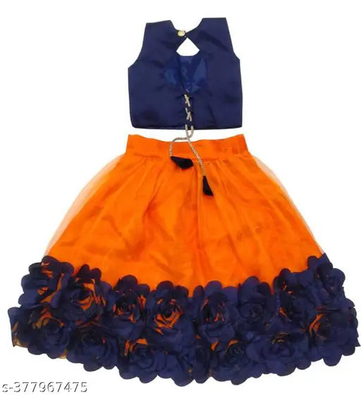 Cotton blend girl's lehenga choli set with net dupatta, embroidered stitch type, various sizes from 6-12 months to 9-10 years. Indian traditional dress on display