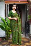 Green geoggrat fabric saree with rainbow border