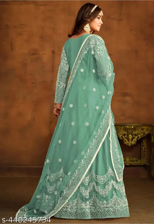 White net embroidered gown with dupatta by Jesani Creation, free size up to 2XL, sleeveless