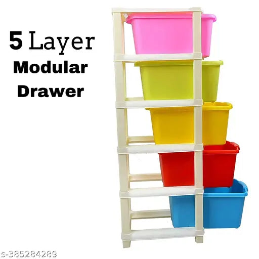 Five layer plastic modular drawer storage organizer with a variety of colors