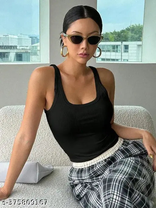 Black cotton-blend sleeveless top, solid pattern, available in sizes XS to XL