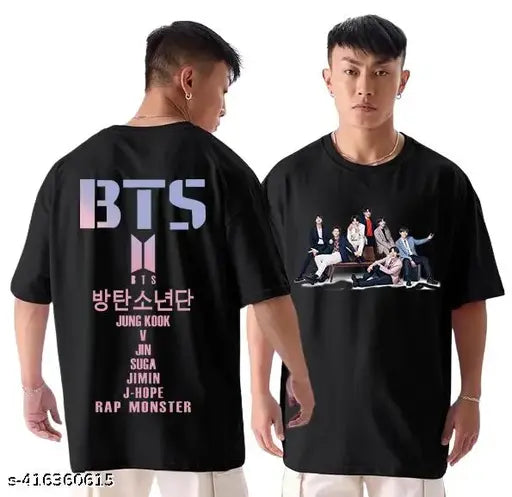Black cotton BTS Kpop fan art oversize t-shirt, printed pattern featuring Bangtan Boys band members