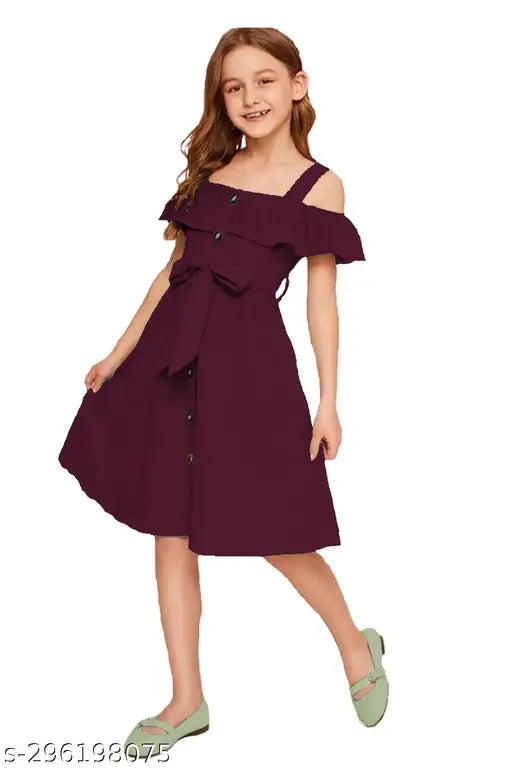 Purple midi-length party dress with ruffled shoulders and waist