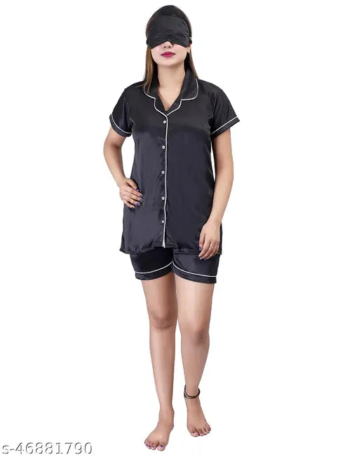 Women's satin nightsuit & nightdress set (4pcs: pyjamas, shirt, short, eye mask), free size, solid pattern, Made in India