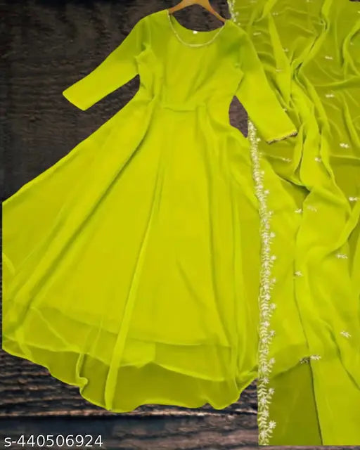 Lime georgette Western gown for woman, solid net, three-quarter sleeves, features pearl lace at neck and ends of sleeves, embroidered dupatta