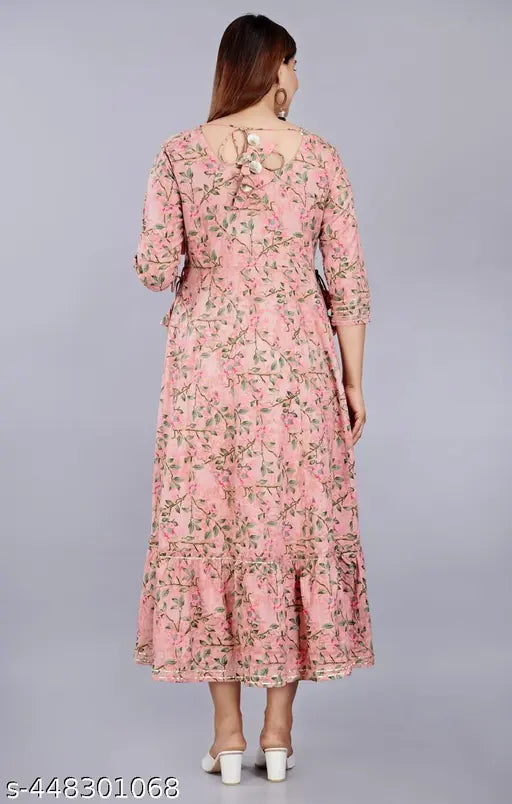 Trendy women's long-length embroidered kurta with floral print and deep neckline