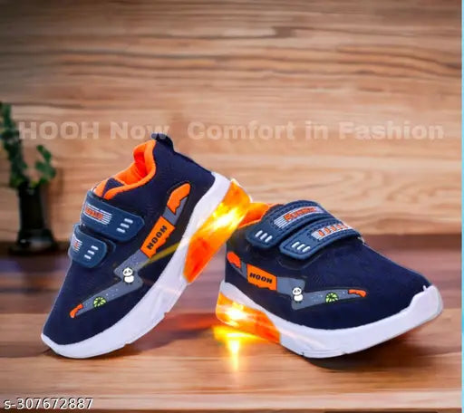 Blue orange canvas and rubber unisex LED light shoes for kids up to 5 years, breathable, comfortable, waterproof, and stylish