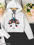 White Unicorn print crop hoodie for girls, high-quality full sleeve jumper, ideal for casual and party wear