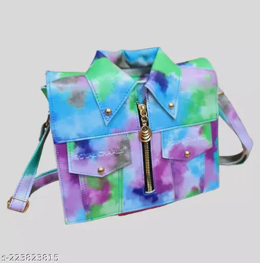 Rainbow tie-dye faux leather sling purse with metal zip closure and adjustable strap