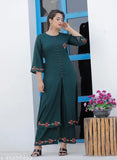 Embroidered rayon Anarkali Kurta with palazzos, three-quarter sleeves, Indian ethnic wear for women