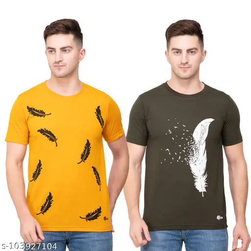 Ekom Trendy Cotton Men Wings Printed Tshirts Pack Of 2 - Mustard & Olive