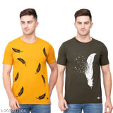 Ekom Trendy Cotton Men Wings Printed Tshirts Pack Of 2 - Mustard & Olive